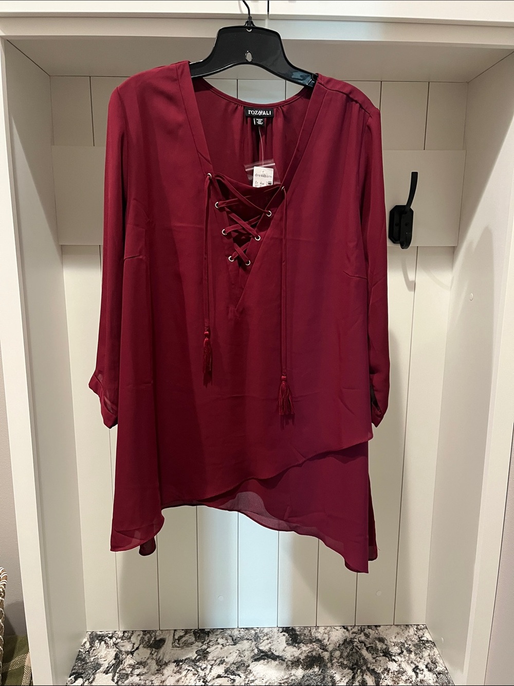 NEW Roz & Ali Burgundy Lace-Up V-Neck Hi-Low Tunic